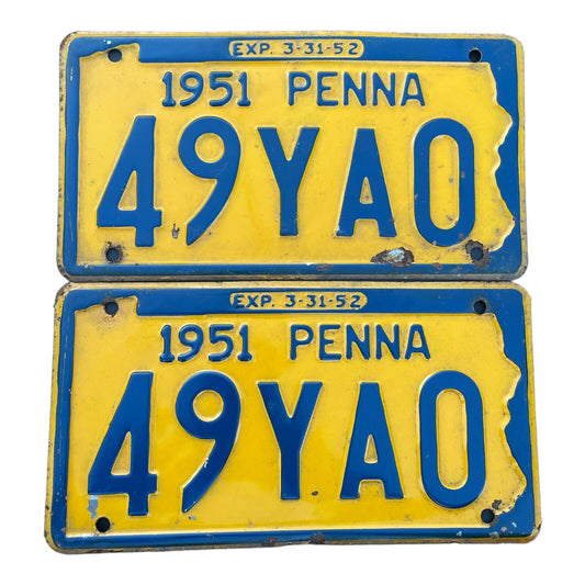 1951 Pennsylvania License Plate Pair Man Cave Garage Classic Car Decor PA