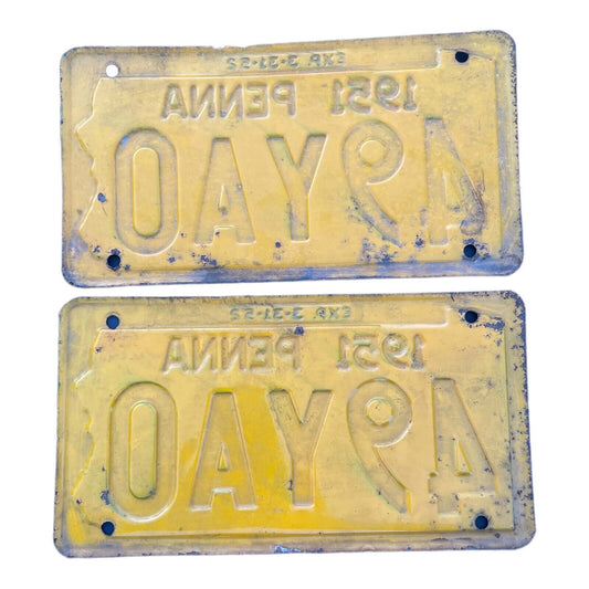 1951 Pennsylvania License Plate Pair Man Cave Garage Classic Car Decor PA